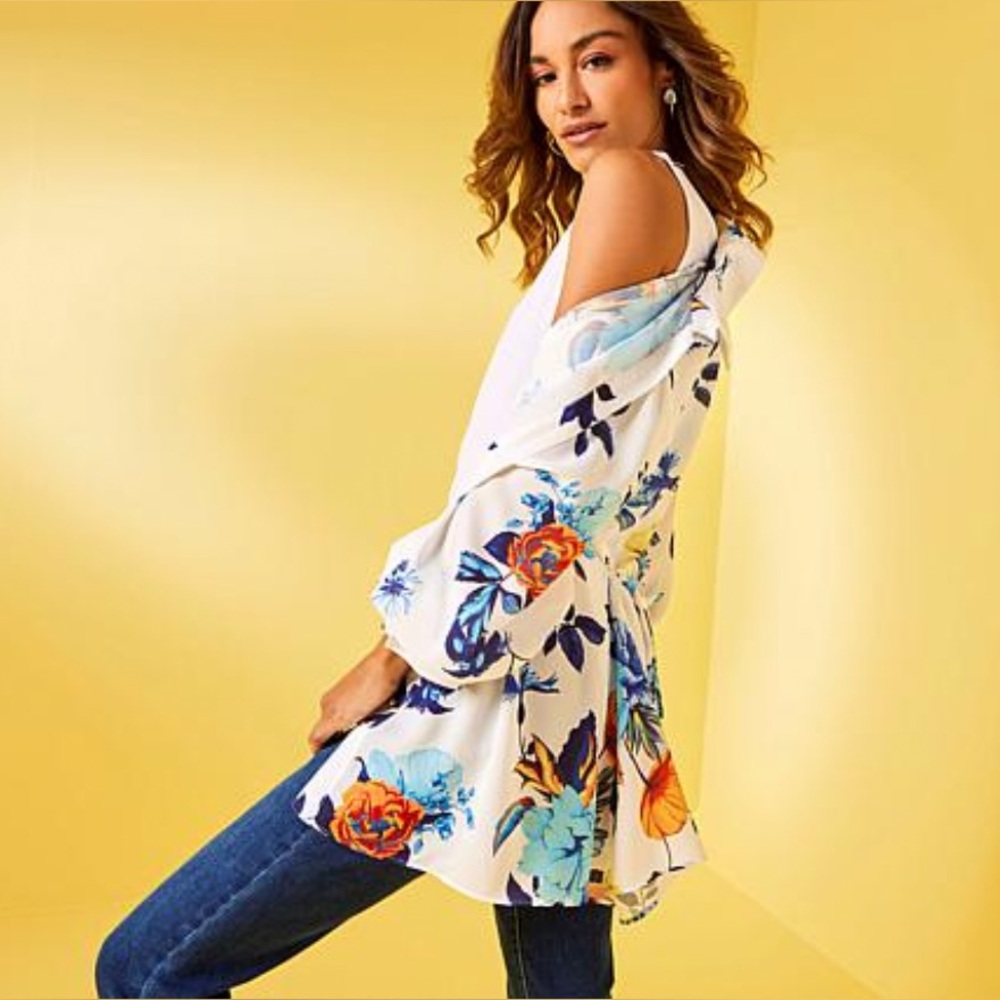 IMAN white blouse with Blue and Orange flowers NWOT - Picture 2 of 7